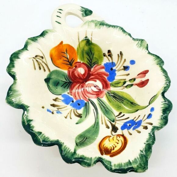 Italian Hand Painted Vtg Pottery Floral Leaf Ceramic Trinket, Candy, or Nut Dish - Picture 5 of 7